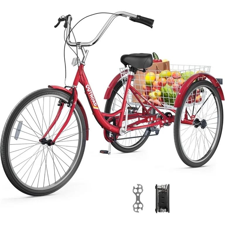 Adult Tricycle, 24 inch 7 Speed Three Wheel Bicycle, Cruiser Trike with Large Basket for Adult