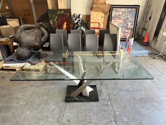 Modern Glass Dining Table & 8 Leather Chairs – 9 Piece Set