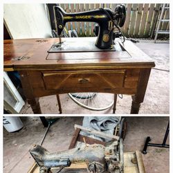 2 Antique/Vintage Sewing Machines With Cabinets Damaged For Repair Or Salvage
