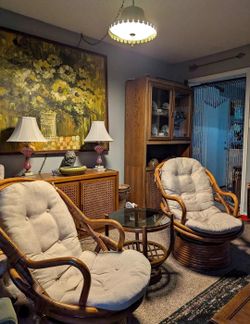 70s Papasan Swivel Chairs (2) and Smokey Glass Top Table