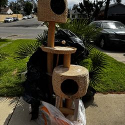 Beige Woven Cat Tree 64 Inch Tower 