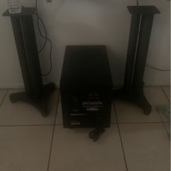 Polk audio subwoofer and two speaker stands