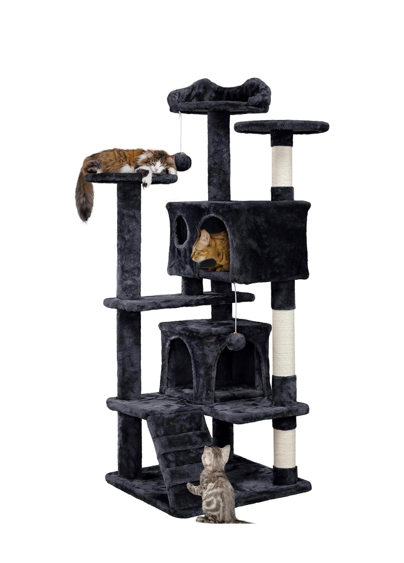 54” Cat Tree, Multi-Level Cat Tower with Spacious Kitten-ear Perch, 2 Cozy Caves, Scratching Posts