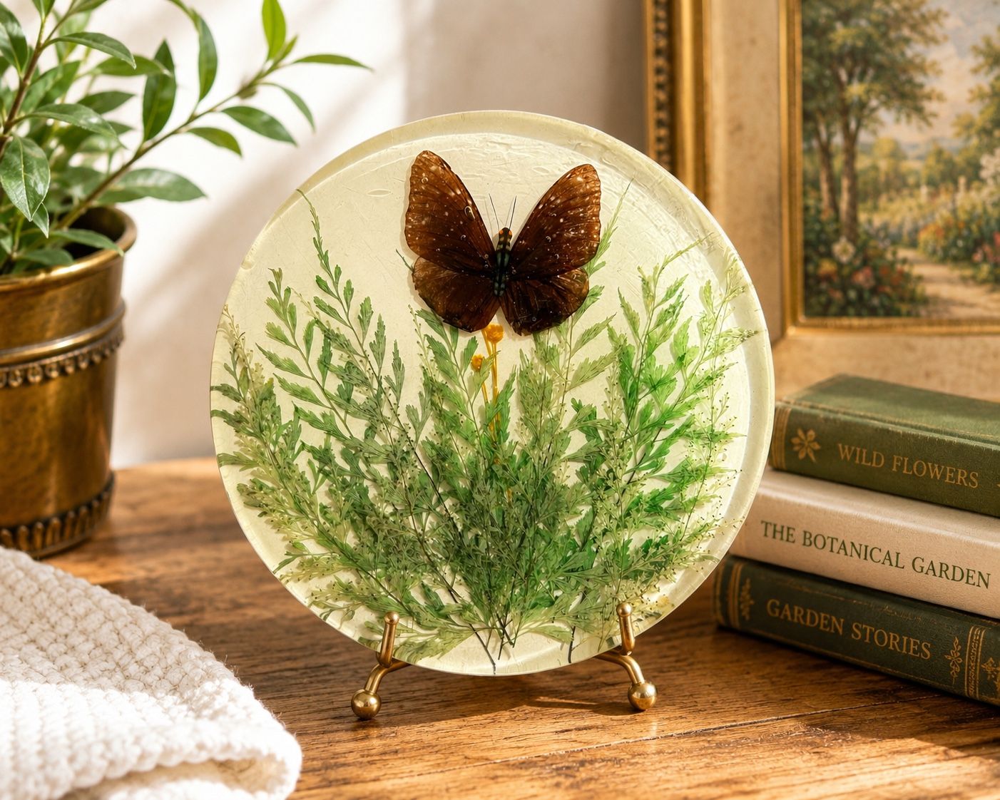 Vintage Acrylic Resin Lucite Trivet Butterfly Foliage 1960's Boho Chic Trinket Glass Pressed Flowers Collectibles Mid Century Bohemian
