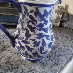 Large Pottery Pitcher Blue And White 10 In
