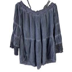 Andree Blue boho style cold shoulder lace sleeve relaxed fit blouse Size Large