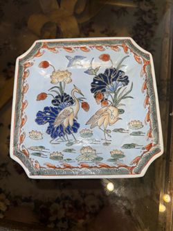 Vintage Chinese Export Porcelain Square Dish, Cranes & Lotus, Asian Decor