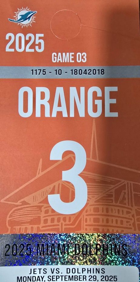 Monday NIGHT DOLPHINS vs JETS Orange Parking Pass