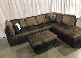 Brand New Brown Microfiber Sectional With Storage Ottoman & 2 Decorative Pillows