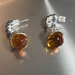 Prism Cut Amber Glass Earrings Silvertone 