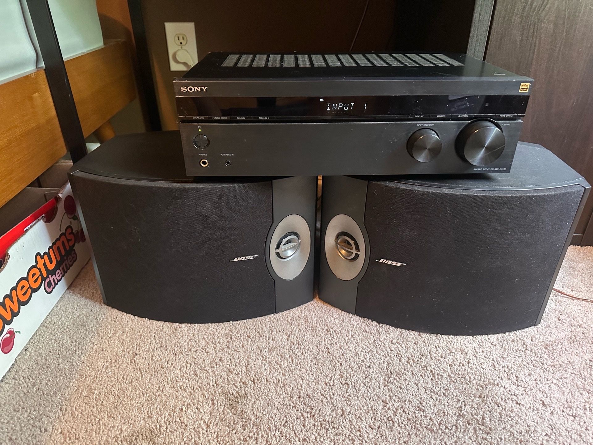 Sony Receiver + Bose 301V Surround Sound System, wiring included, Bluetooth included.