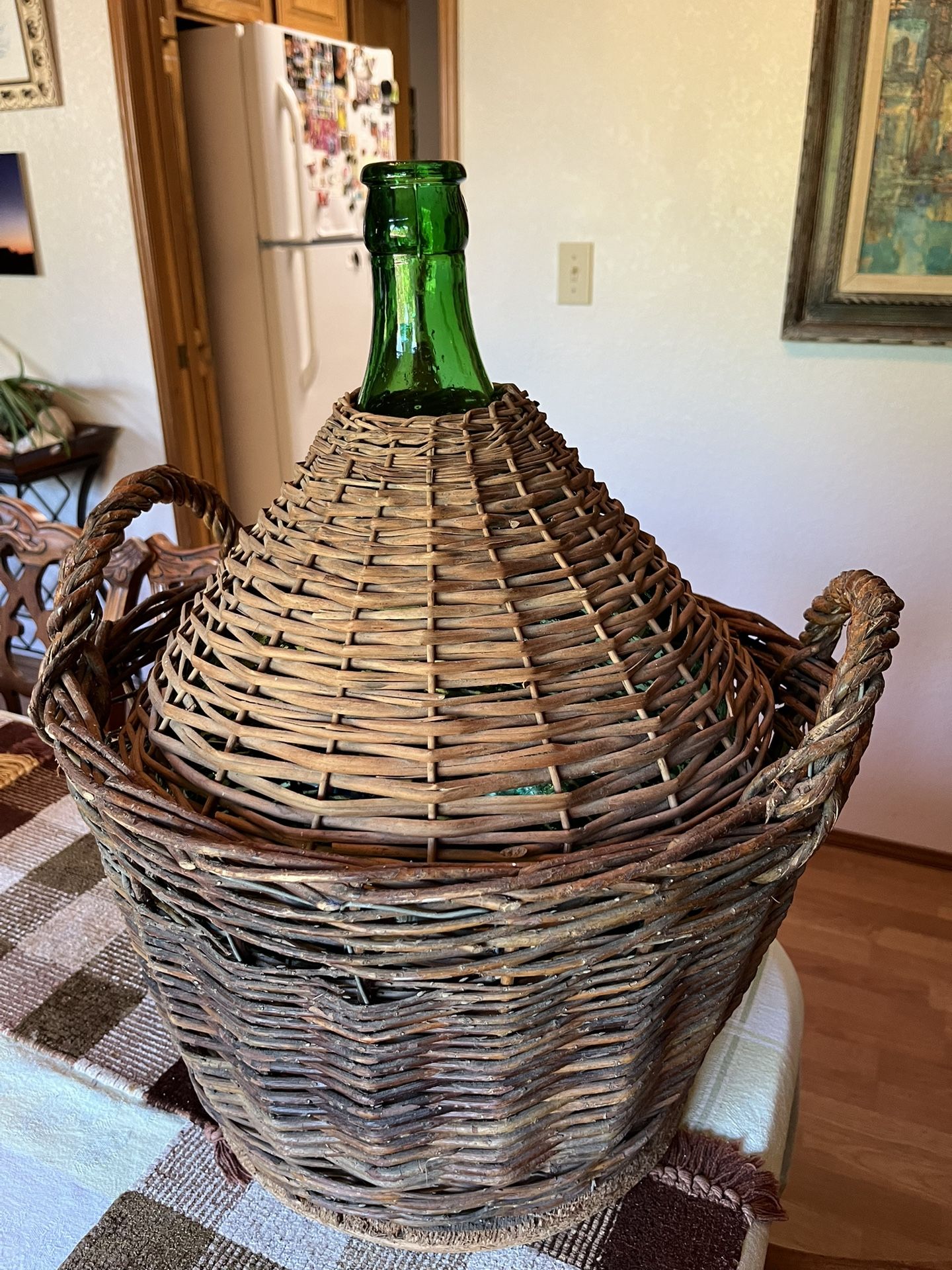 Antique Demijohn Carboy 19’ High And 45” Waist In Wicker Basket