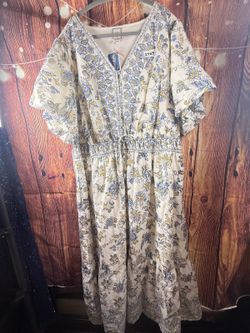 Lea Floral Print Short Sleeve Midi Dress Cream Blue 3X
