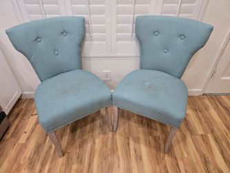 Pair of Light Teal Tufted Parsons Chairs – Nailhead Trim