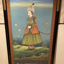 FINE PAINTING VINTAGE1970s  ART OF INDIAN MAN ON HAND MADE SILK - HEIGHT 54” - WIDTH 30” $1,050,