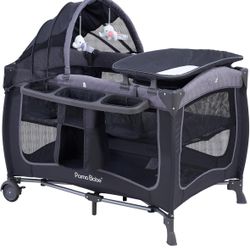 Pamo Babe Baby Playard with Canopy, Portable Crib with Changing Table