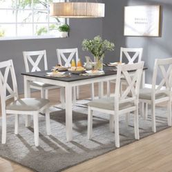 RUSTIC CHARM DISTRE4SSED WHITE / GRAY 7 PIECE KITCHEN DINING TABLE SET - MESA SILLAS COMEDOR