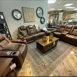 Backtrack Chocolate Leather Power Reclining Living Room Set 🔆 Sofa and Loveseat 4169