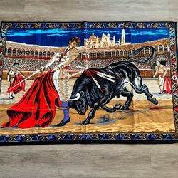 Vintage Matador Bull Fighting Tapestry Rug Velvety Wall Hanging 58"×39"