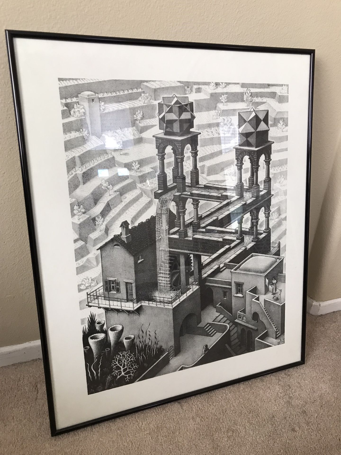 MC Escher Waterfall Artwork In Black Frane