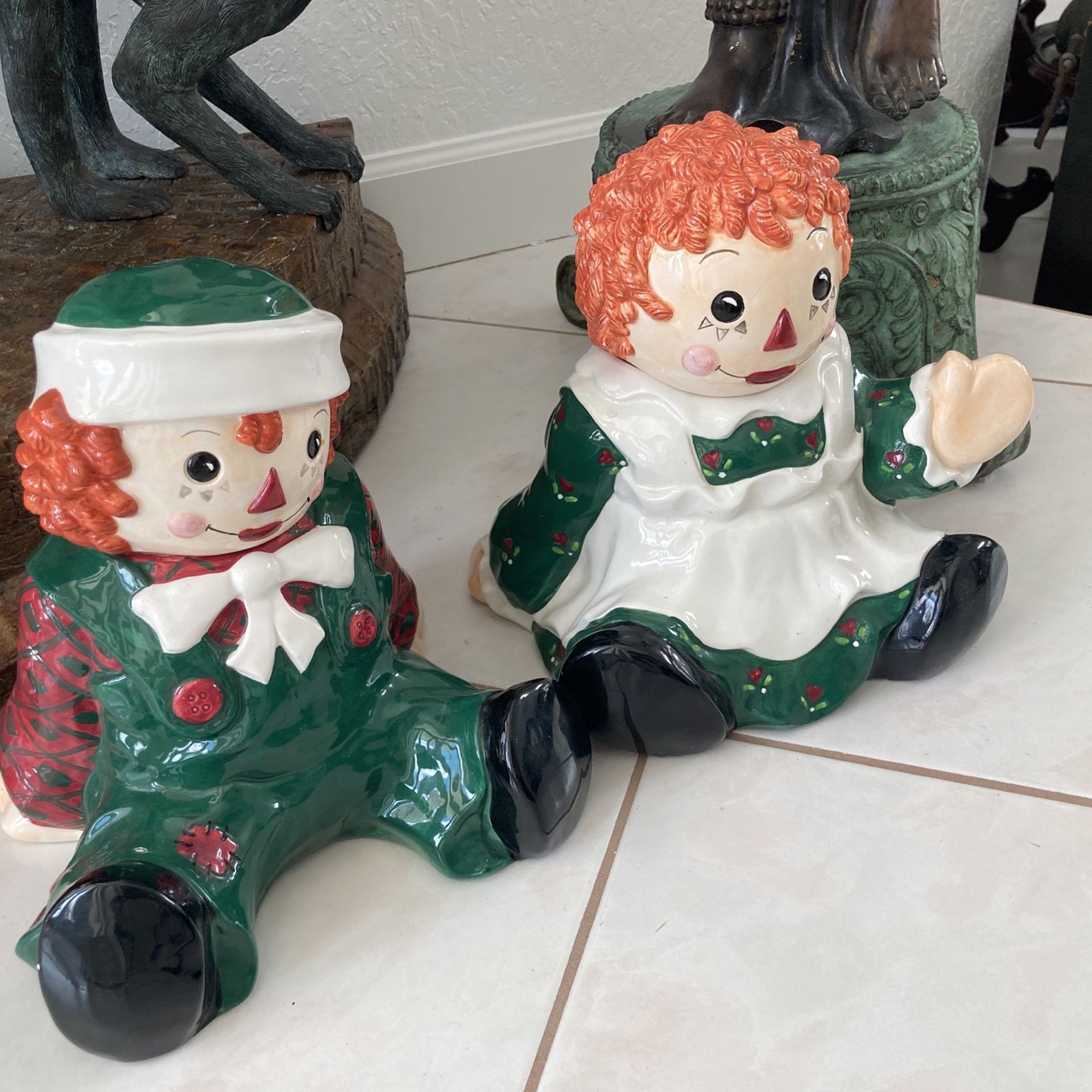 $30 PER COOKIE JAR! 2 For $55. Raggedy Ann & Raggedy Andy Cookie Jar. Embossed SAKURA Vintage 1998. Ceramic Porcelain Jars Like Dolls. Pair $55.