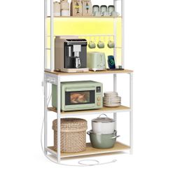 Coffee Bar with LED Lights, Kitchen Bakers Rack with Power Outlet, Microwave Stand with Adjustable Shelves, 8 Hooks, 15.7 x 31.5 x 65.7 Inches, Golden