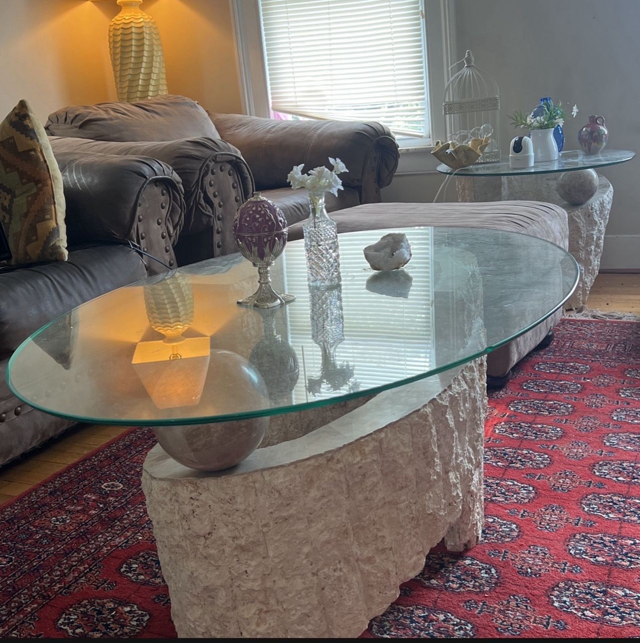 Vintage Postmodern Natural Mactan Stone Accent And Coffee Table / End Table With Glass Top