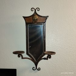Vintage Ornate Wrought Iron Framed MIRROR w / 2 Candle Sconces attached- Bronze