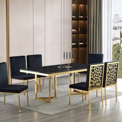 7 PIECE DINING TABLE SET BLACK FAUX MARBLE TOP GOLD FRAME