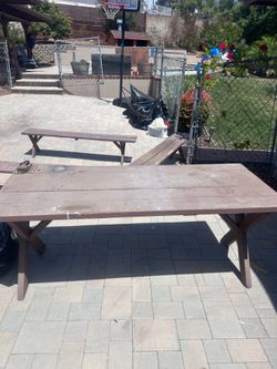 Wood table and benches