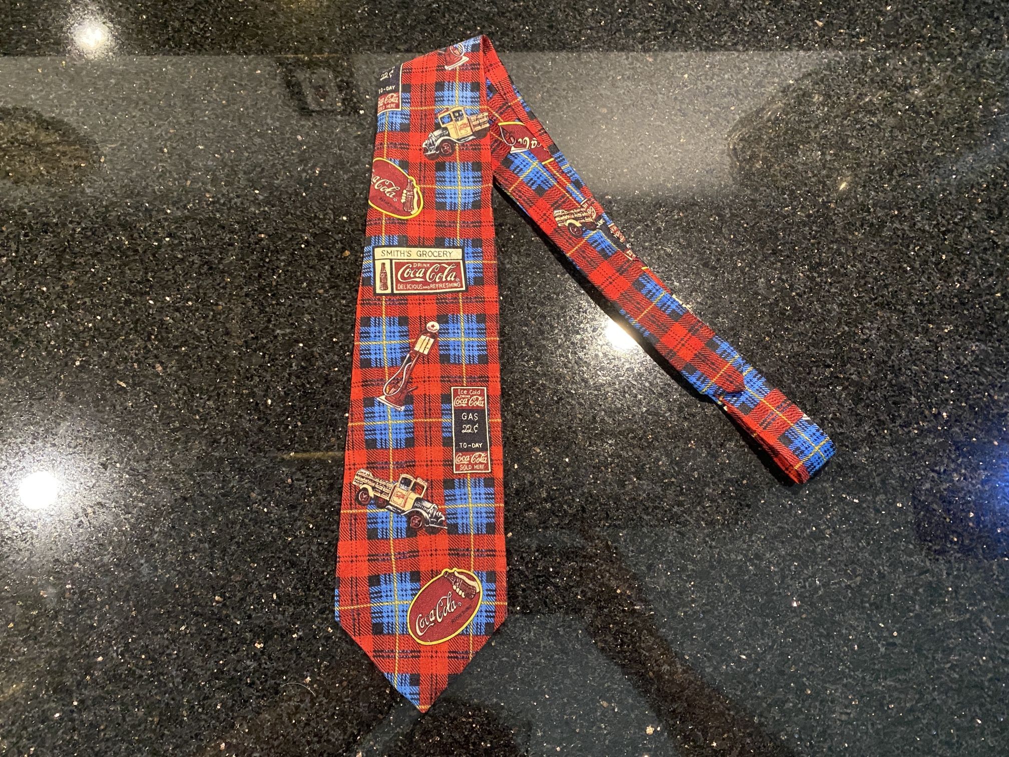 Vintage Coca-Cola Silk Tie Featuring School Trucks gFas Pumps, Logos