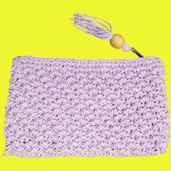 Vintage 60s Lavender Crocheted Zippered Clutch Purse with Tassel 