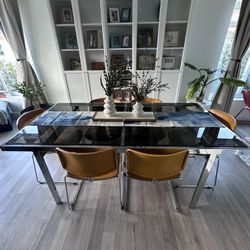 Vintage Milo Baughman-style Flat Bar Chrome and Smoked Glass Dining Table + 8 Chrome Dining Chairs 