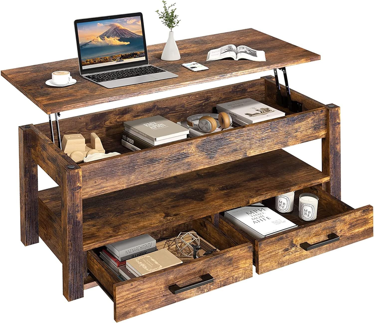 41.7'' Lift Top Coffee Table with 2 Storage Drawer Hidden Compartment Open Storage Shelf  Rustic Brown