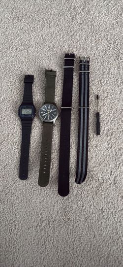 Casio F91W, Timex Expedition Scout watches + NATO straps & tool