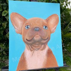 Hand Painted Cute Dog Decor Blue Background Acrylic Canvas Painting - 16x20 inches
