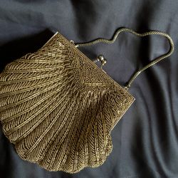 Walborg Hongkong Vintage brass Gold / Bronze Beaded Scallop Clamshell Clutch Bag