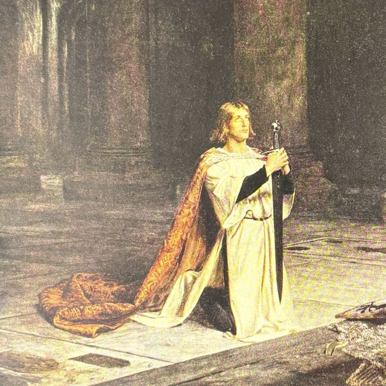 John Pettie RA, A Knight’s Vigil Original Vintage Art Print 1930’s USA Printed Scottish School Collectible