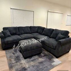 ✅️✅️️✅️4 pc Black  cordury fabric upholstered sectional sofa with ottoman✅️✅️