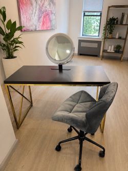 Modern Desk + Tufted Gray Office Chair Set (Gold Frame / Espresso Top)
