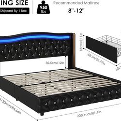 King Smart LED Platform Bed Frame with 4 Storage Drawers and Crystal Button-Tufted Wingback Headboard, Soft Modern PU Upholstered Bed Frame