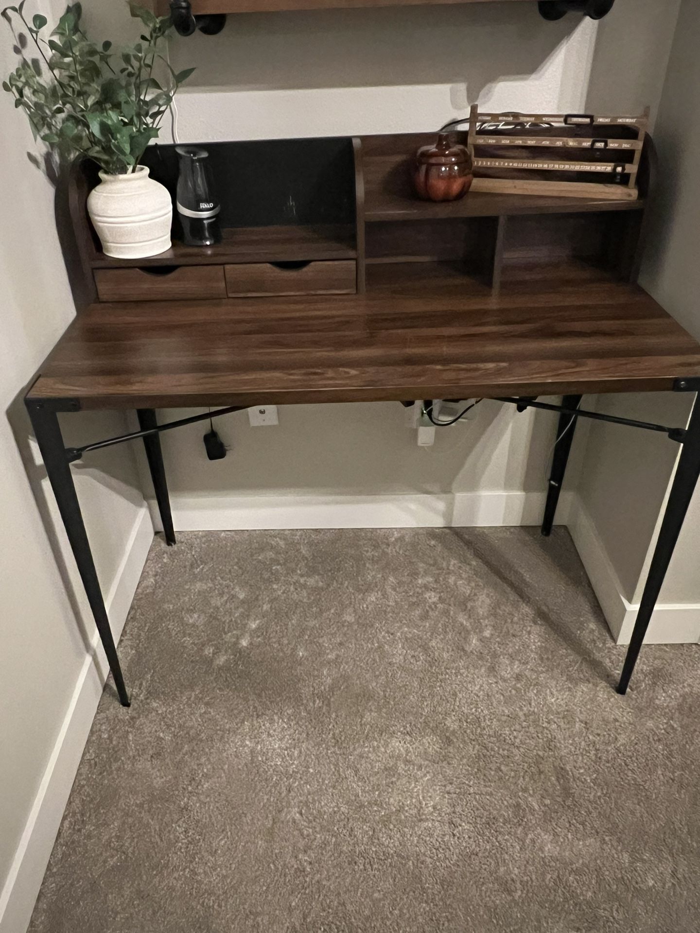 Dark Brown and Metal Desk with Hutch