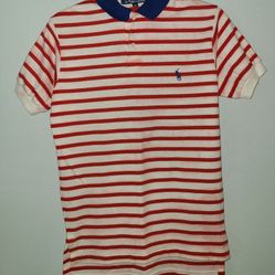 Polo Ralph Lauren Collard Shirt White Red Striped Size S 100% Cotton Classic Fit