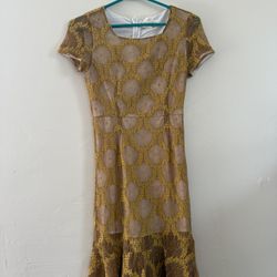 Metisu, Mustard Yellow Layered Lace Dress, Size S