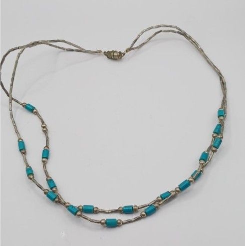 Turquoise and Liquid Silver, Double Strand Necklace, Barrel Clasp, Vintage