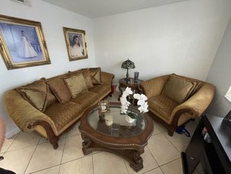 Traditional brown and gold fabric sofa 