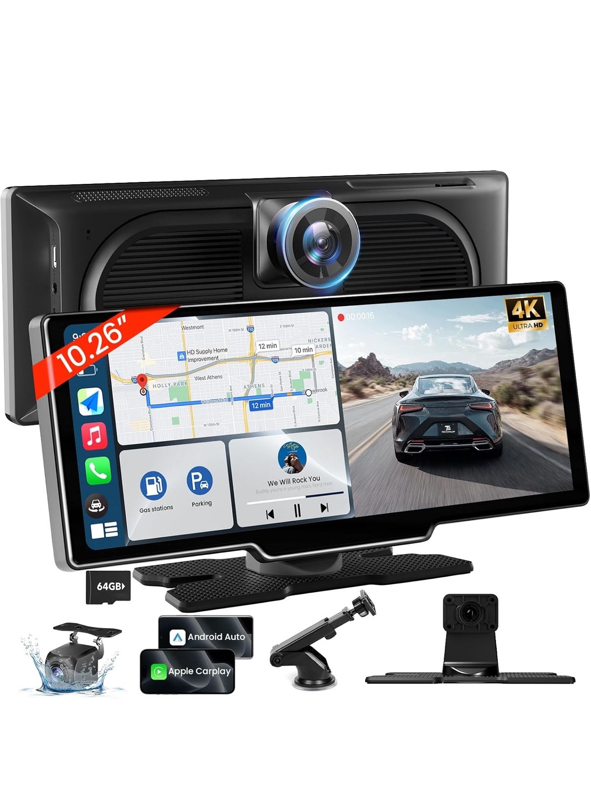 10.26'' Wireless Carplay Screen for Car with 4K Dash Cam & 1080P Backup Camera, Portable Car Audio Receivers with Carplay & Android Auto, GPS Navigati