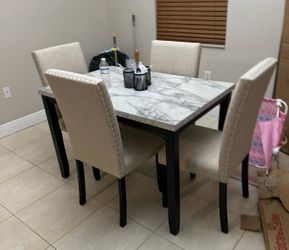 Marble-Top Dining Table Set with 4 Chairs