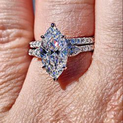 3 Carat Marquise Cut Moissanite 18kt White Gold Plated Sterling Silver Ring Set.