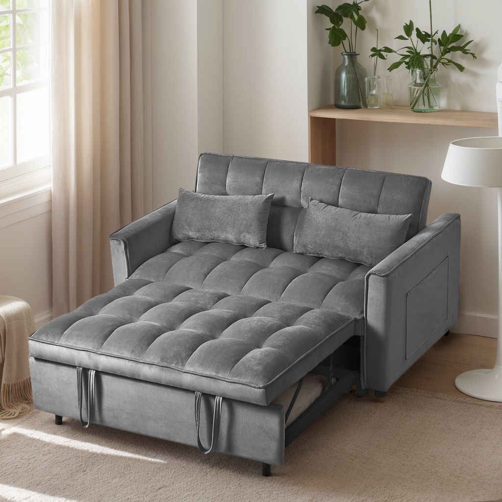 3 in 1 Convertible Sleeper Sofa Bed, Modern Pull Out Couch Bed, Adjustable Backrest, Velvet Loveseat Futon Sofa with Pillows & Pockets for Living Room